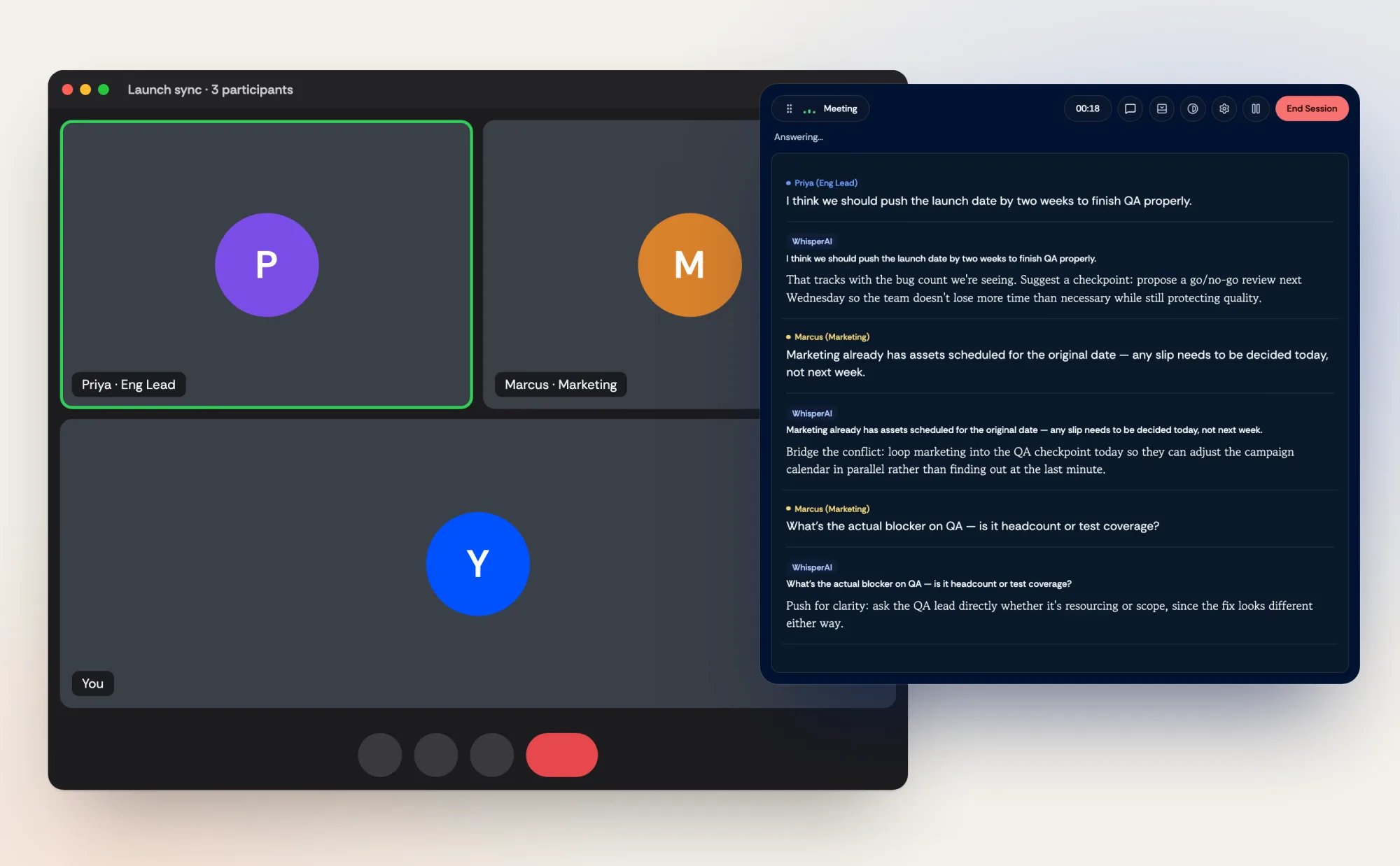 Meeting Copilot beside a video call, suggesting a response to each point raised