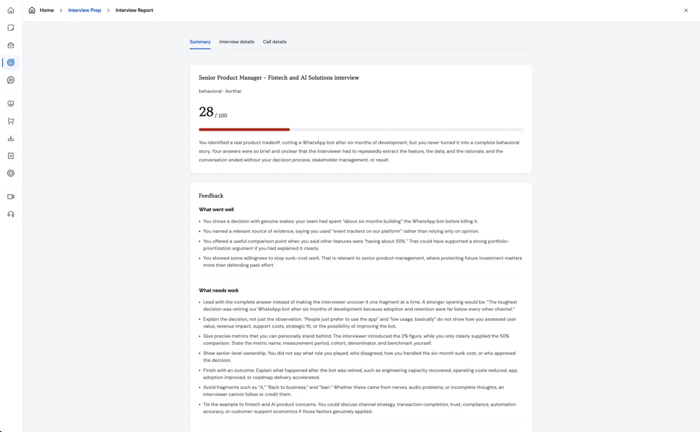 Interview Prep report with a score out of 100 and feedback